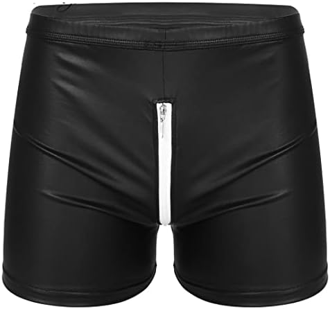 Mens Sexy Open Crotch Leather Short Pants For Sex Latex Zipper Patent Leather Boxer