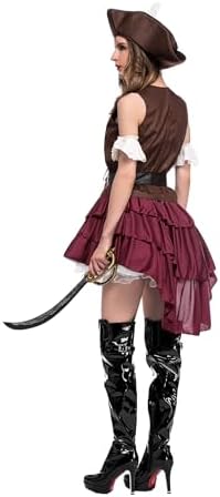 Sexy 5Pcs Women's Pirate Costume Renaissance Outfit Corset Top Skirt Hat with Accessories for Halloween Cosplay Party