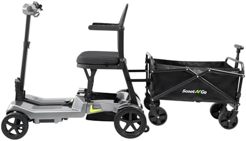 SCOOTNGO Mobility Scooters for Seniors, 4 Wheel Foldable Lightweight Airline Approved Mobility Scooter for Adults, Dual Batteries, Portable, No Assembly Needed (Silver Grey, with Folding Trailer)