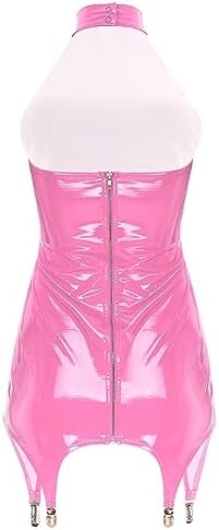 iiniim Women's Back Zipper Halter Sleeveless Bodycon Dress Wetlook Mini Dress with Garter Clips