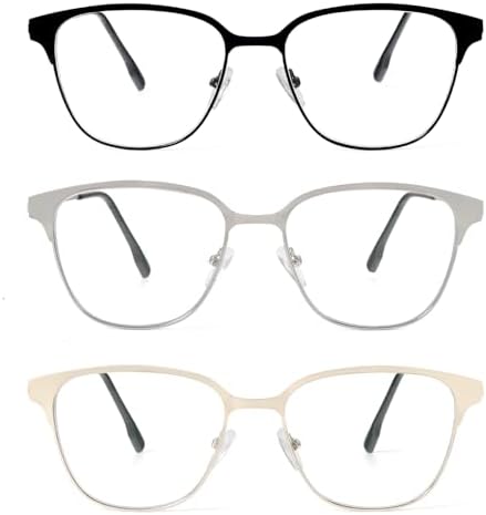 MMOWW 3 Pack Square Blue Light Blocking Reading Glasses Metal Frame Spring Hinges Computer Readers for Men Women