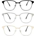 MMOWW 3 Pack Square Blue Light Blocking Reading Glasses Metal Frame Spring Hinges Computer Readers for Men Women