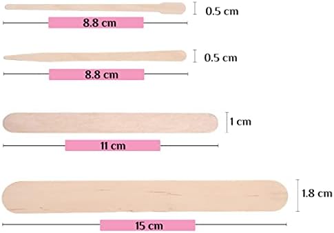 Mibly 4 Style 300 Pcs Assorted Wooden Wax Sticks for Body Legs Face and Small Medium Large Sizes Eyebrow Waxing Applicator Spatulas for Hair Removal or Wood Craft Sticks