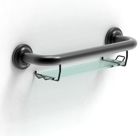 ADA Compliant Grab Bar with Glass Shelf for Shower Wall and Bathtubs, 500lbs Weight Support, 1-1/4 x 16 inch for Stud Mount, Matte Black