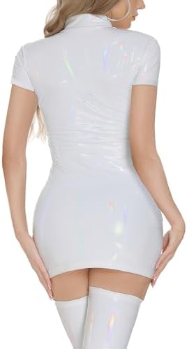 Women's Patent Leather Dress Bodycon Short Sleeves Sexy Wet Look Mini Dresses PU Shiny Skinny Clubwear XS-L