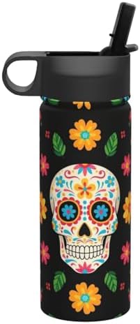 Double Wall Vacuum Insulated Stainless Steel Water Bottle with Lid and Straw for Men Women, Mexican Sugar Skulls Mexico Day Of The Dead Flowers