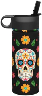 Double Wall Vacuum Insulated Stainless Steel Water Bottle with Lid and Straw for Men Women, Mexican Sugar Skulls Mexico Day Of The Dead Flowers