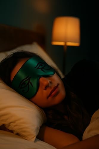 Silk Sleeping Mask Eye Cover for Men＆Women Eye Masks for Sleeping Egyptian Eye of Horus Print Adjustable Soft Blindfold with Gift Box(Emerald Green-Adjustable Strap)