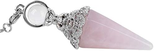 Rockcloud Natural Rose Quartz Crystal Pointed Pendulum with 7 Chakra Stone Beads Chain, 6 Facet Reiki Chakra Pendant for Divination Dowsing