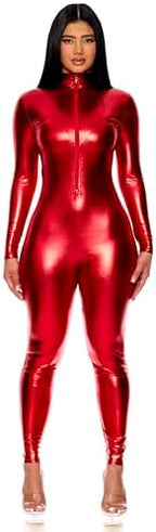 Forplay Women's Hot Metallic Zip Front Mock Neck Catsuit Bodysuit - Halloween Adult Costume US