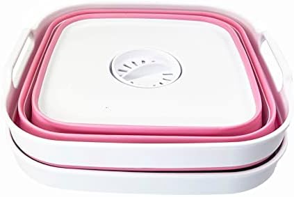 SAMMART 10L (2.64 Gallon) Collapsible Dishpan with Draining Plug - Foldable Washing Basin - Portable Dish Washing Tub - Space Saving Kitchen Storage Tray (Grey + Pink (Set of 2))