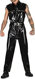 Black Sexy Loose Latex Catsuit Sleeveless Front Crotch Zipper Breast Zipper Rubber,Orange,XS