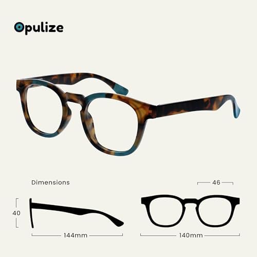 OPULIZE AVA Reading glasses for Women Men,Scratch Resistant Round frame with Spring Hinges, Brown Tortoiseshell With Turquoise +1 (Pack of 2)
