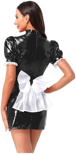 Jugaoge Women's Wet Look PVC Leather Maid Cosplay Costume Hollow Out Lace Trim Apron Fancy Dress