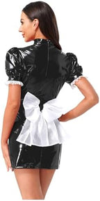 Jugaoge Women's Wet Look PVC Leather Maid Cosplay Costume Hollow Out Lace Trim Apron Fancy Dress