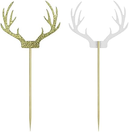 20 Counts Gold Deer Antler Cake Topper Glitter Paper Christmas Reindeer Cupcake Toppers Picks for Themed Party Decor Supplies