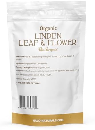Halo Naturals Organic Linden Leaf & Flower Cut & Sifted, 4 Ounces (Tilia europaea) USDA Certified | Resealable Pouch| Packaged in The USA