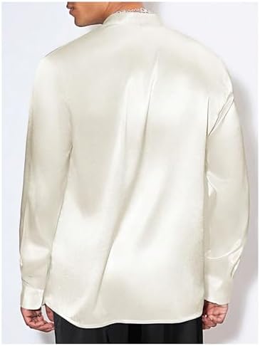 Floerns Men's Wedding Long Sleeve V Neck Shirts Shiny Satin Prom Party Club Shirts