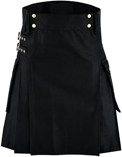 Black Utility Kilt for Men Traditional Scottish Highland Wear Solid Pleated Cotton with Cargo Pockets