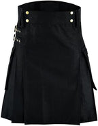 Black Utility Kilt for Men Traditional Scottish Highland Wear Solid Pleated Cotton with Cargo Pockets