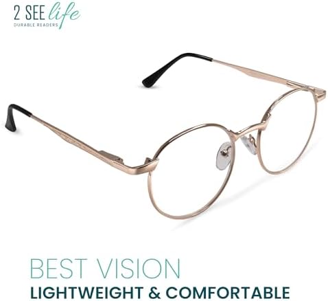 2SeeLife Round Metal Wire Rimmed Reading Glasses for Men & Women – Medium–Wide Fit, Durable, Spring Hinges, Premium Readers, Gold, +3.00