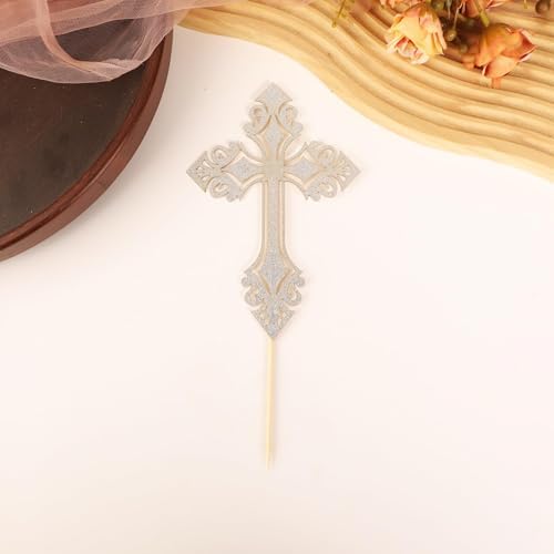 Cross Cake Topper - Glitter Silver Baptism Cake Decor for Baby Shower, God Bless or Holy Communion (Silver)