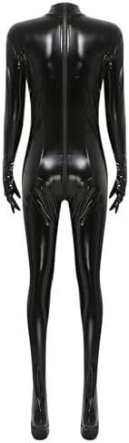 Hedmy Womens PU Leather Full-body Jumpsuit Gloved Sleeve Footed Zipper Openable Crotch Bodysuit