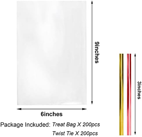 Morepack 6x9 Inches Clear Cellophane Bags 200 Pcs OPP Plastic Treat Bags with 200 Twist Ties for Gift Wrapping,Packaging Candies,Dessert,Bakery, Cookies, Chocolate,Party Favors