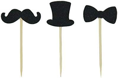 25 Pack Gold Glitter Ltiitle Boys Cake Topper Mini Hat Mustache Bowtie Cupcake Toppers Food Picks for Baby Shower Birthday Party Decorations by Topfunyy