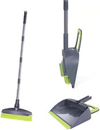 Adjustable Rubber Push Broom and Dustpan Set,Self Cleaning Indoor Outdoor Angle Brooms with Dust pan for Home,Long Handle for Floor Sweeping, Kids,Carpet Dog Cat Pets Offices Use