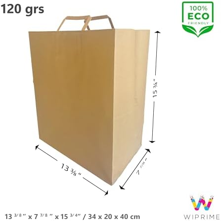 Model MIAMI – Pack of 100 Brown Kraft Takeout Paper Bags with Flat Handles – 13.375 x 7.875 x 15.75 Inches – Heavy-Duty & Perfect for Restaurants, Food Delivery, Retail & Catering