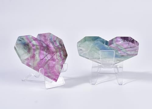 AMOYSTONE Large Heart Shaped Rock Stone Natural Fluorite Healing Heart Shaped Rock Crystals Chakra Reiki Balancing Meditation Home Decor, 3.5-4"/pc with Rack