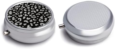 Black Leopard Print Pill Box, Small Pill Organizer with 3 Compartments and Mirror, Fun Round Portable Travel Metal Pill Case