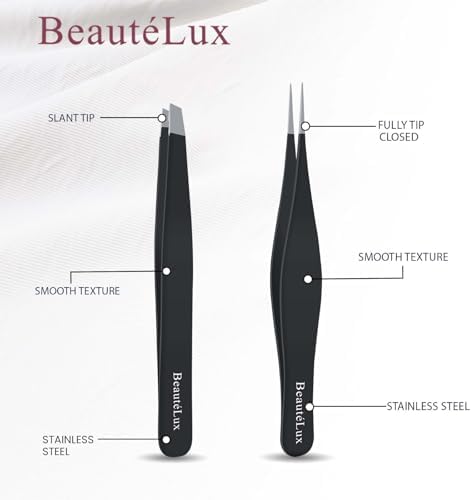 Precision Tweezer Set – Slant & Pointed Tip Stainless Steel Eyebrow Tweezers with Leather Pouch, Professional Hair Removal for Ingrown Hair, Chin, Splinter & Blackhead