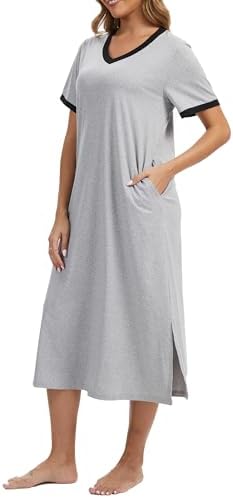 Cotton Nightgowns for Women Soft Short Sleeve Long Sleepwear with Pockets