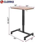 CLATINA Mobile Laptop Desk Pneumatic Sit to Stand Table Height Adjustable Rolling Cart with Lockable Wheels for Home Office Computer Workstation 28" x 19" Brown Round Edge Design Elegant