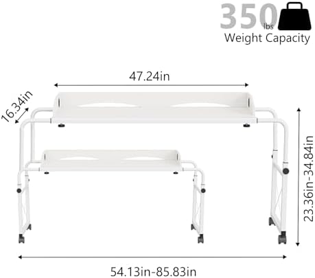 BYMECOST Laptop Desk for Bed, Adjustable Height & Length Laptop Bed Table,Overbed Table with Wheels for Queen Size Beds,Rolling Standing Desk,Over Bed Desk for Working Reading Eating (White)