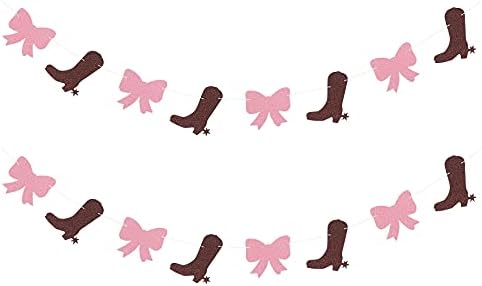 2 Strands Boots or Bows Gender Reveal Banner Paper Garland Dessert Bar Bunting Cow Girl Werstern Theme Party Backdrops Decorations - Brown and Pink