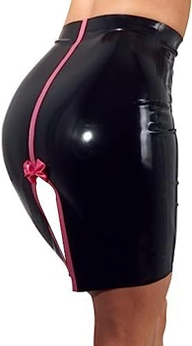 Black and Pink Trims Sexy Mini Latex Skirts with Bow Slits at Back Short Without Zippers Rubber Bottoms,Black,M
