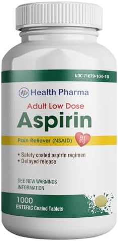 Health Pharma Aspirin 81 mg (1000 Enteric Coated Tablets) | Adult Low Dose Strength Pain Reliever (NSAID) | Safe Pain Relief for Minor Aches and Pain | Value Pack Generic