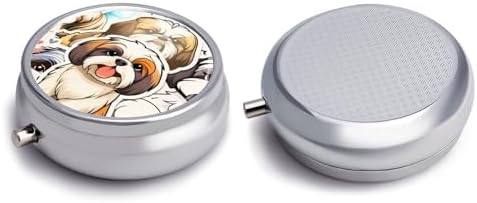 Cute Dog Metal Round Pill Box, 3 Compartment Travel Organizer, Portable Pill Container with Secure Latch, 2 Inch Circular Vitamin Caddy for Pills and Vitamins, Gift for Him Her Elderly
