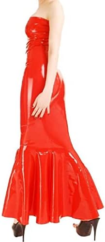 Natural latexSleeveless Red Sexy Long Fishtail Latex Dress Rubber Bodycon Playsuit Frills at Bottom