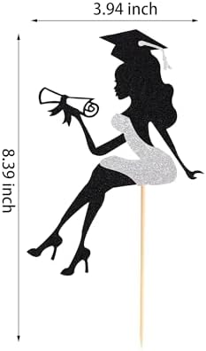 Arthsdite 1Pc High Heel Girl Graduation Cake Topper with Grad Cap Diploma 2026 Graduation Cake Pick 2026 Senior Graduation Cake Decorations for 2026 Girl Graduation Party Supplies - Silver Glitter
