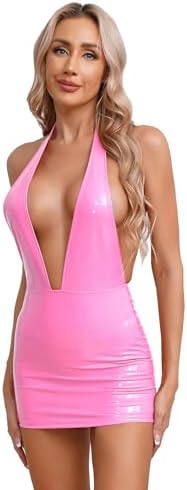 Hedmy Women PU Leather Halter Plunging V Neck Bodycon Pencil Mini Dress Package Hip Dresses Clubwear