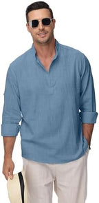 Cotton Linen Shirts for Men Lightweight Casual Long Sleeve Henley Beach Hawaiian Tops
