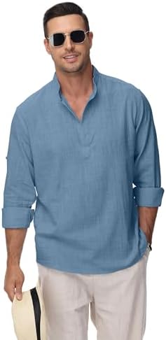 Cotton Linen Shirts for Men Lightweight Casual Long Sleeve Henley Beach Hawaiian Tops