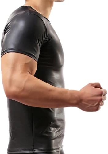 Men's Sexy Leather T-Shirt Slim Nightwear Tops Wet Look Undershirt Black
