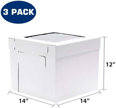 JJO Tall Cake Boxes for Tier Cakes, 14x14x12 Inches 3 Pack,Whie Cake Boxes with Window,Disposable Cake Containers, Sturdy Wedding Tall Cake Carrier