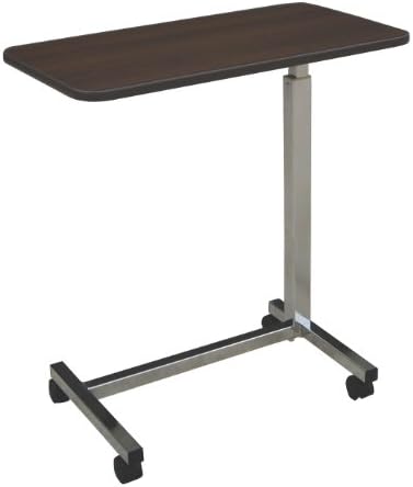 Medline Economy Overbed Table with Wheels - Versatile Use for Home, Nursing Home, Assisted Living or Hospital - Walnut Top, Silver Hammertone Base - Adjustable & Portable
