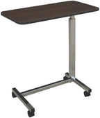 Medline Economy Overbed Table with Wheels - Versatile Use for Home, Nursing Home, Assisted Living or Hospital - Walnut Top, Silver Hammertone Base - Adjustable & Portable